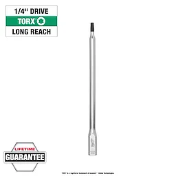 1/4" Drive T25 Long TORX Bit Socket with chrome finish. Text on the image includes "Long Reach" and "Lifetime Guarantee."