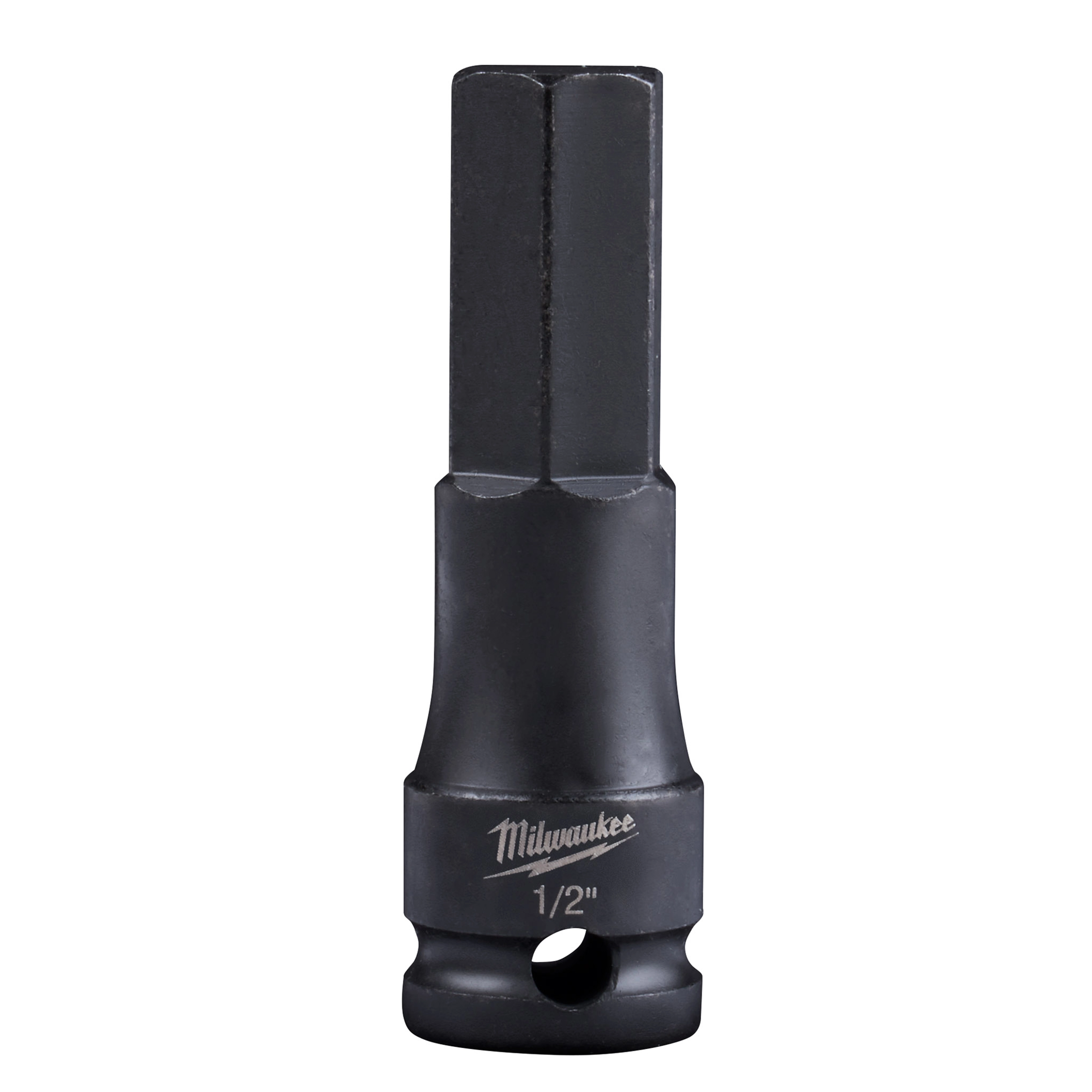 The 3/8" Drive 1/2" Hex Bit Socket is a durable tool with a black finish, featuring the Milwaukee brand logo and “1/2” engraved on the socket base.