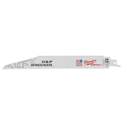 The image is of a "9 in. Wrecker Sawzall Blade," which is a reciprocating saw blade. It is gray with a cracked graphic, American flag emblem, and brand logo. The blade features sharp teeth and is designed for heavy-duty cutting.