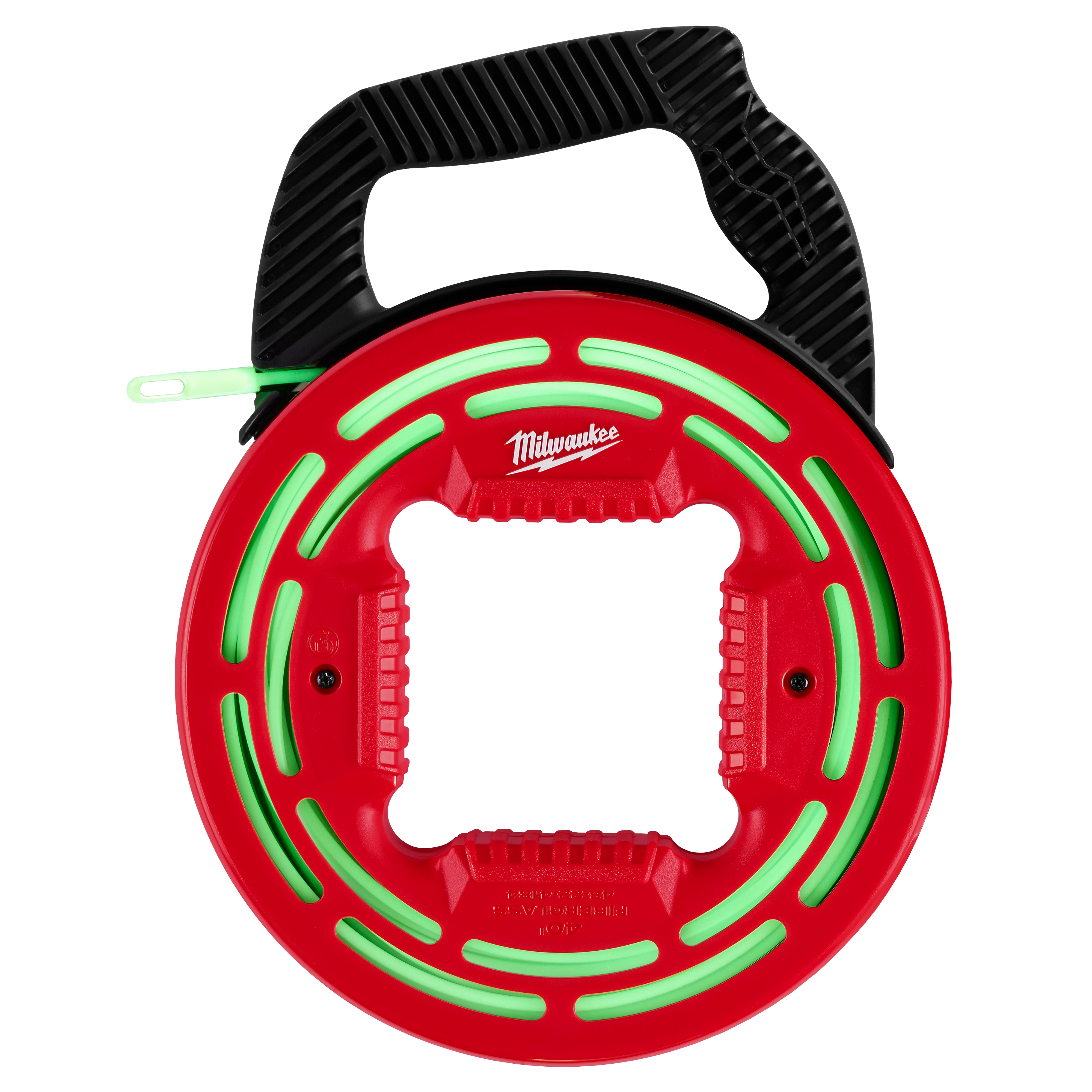 Red and black 40' Glow Fish Tape with a handle. The tape is neon green for visibility and encased in a circular frame.