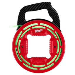 Red and black 40' Glow Fish Tape with a handle. The tape is neon green for visibility and encased in a circular frame.