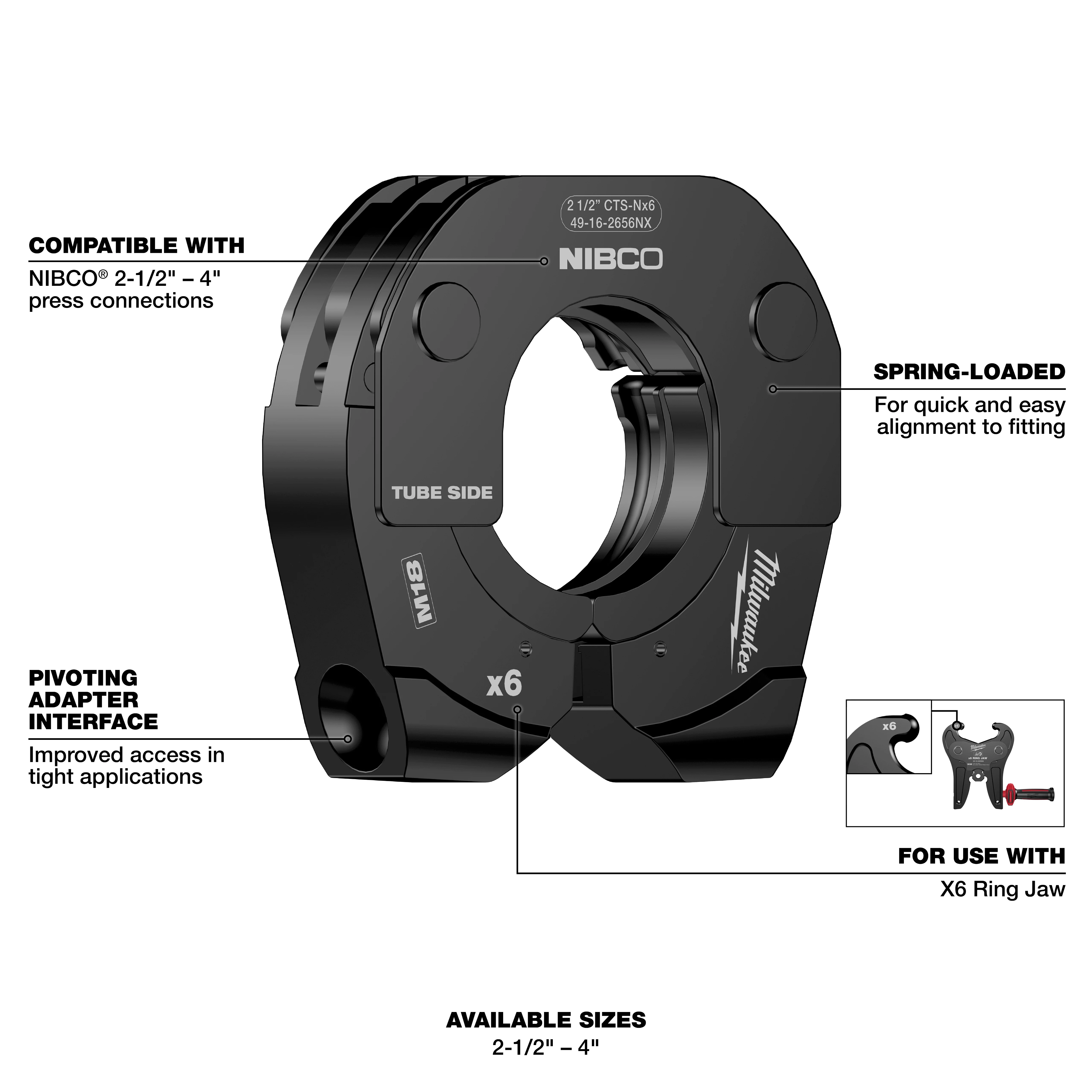 4" NIBCO Press Ring, compatible with 2-1/2" to 4" press connections, spring-loaded for alignment, has a pivoting adapter interface.