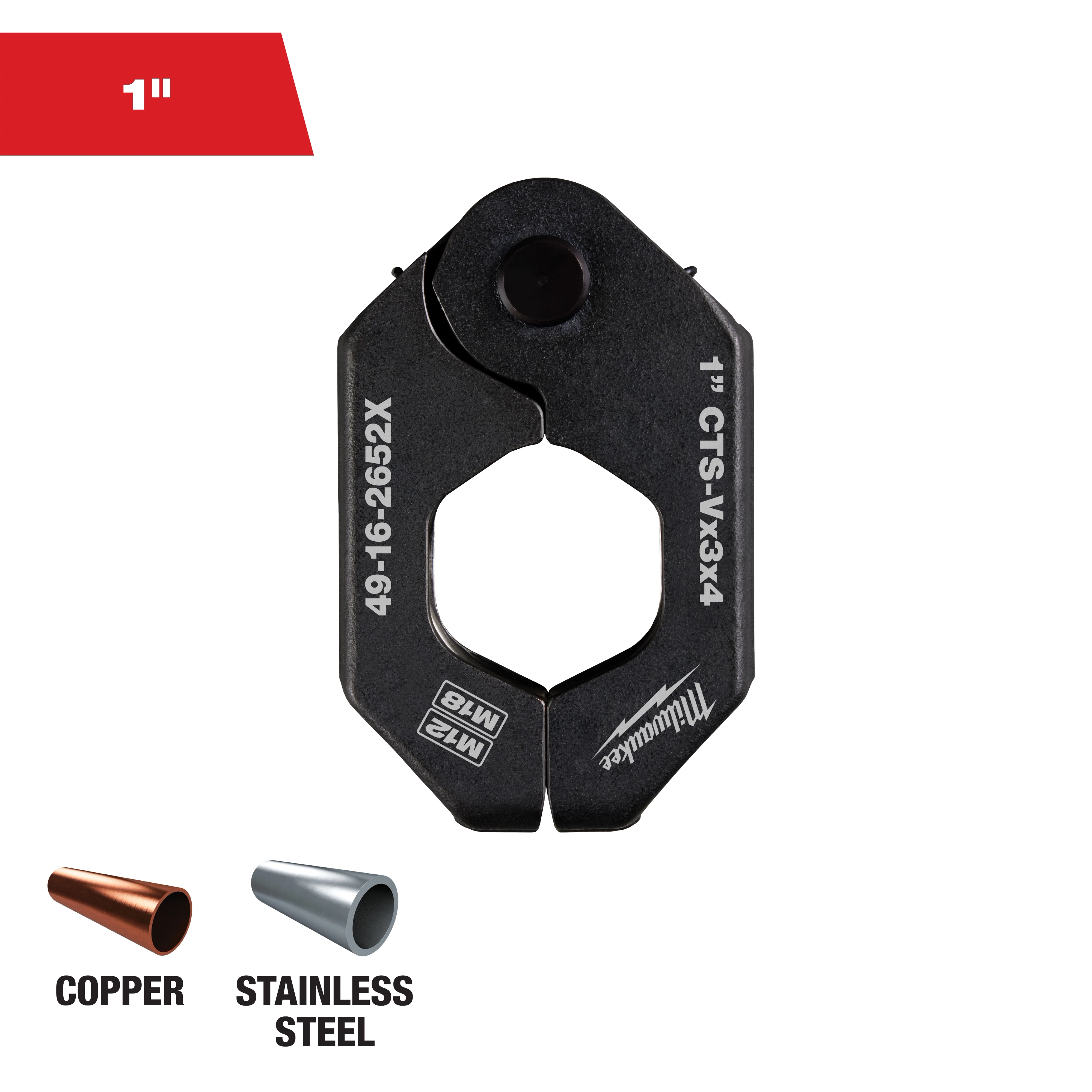 This image shows a Milwaukee 1-inch copper and stainless steel pipe cutter. The cutter is black with model numbers 49-16-2652X and M12 M18 written on it. Icons of copper and stainless steel pipes are shown below.
