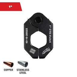 This image shows a Milwaukee 1-inch copper and stainless steel pipe cutter. The cutter is black with model numbers 49-16-2652X and M12 M18 written on it. Icons of copper and stainless steel pipes are shown below.