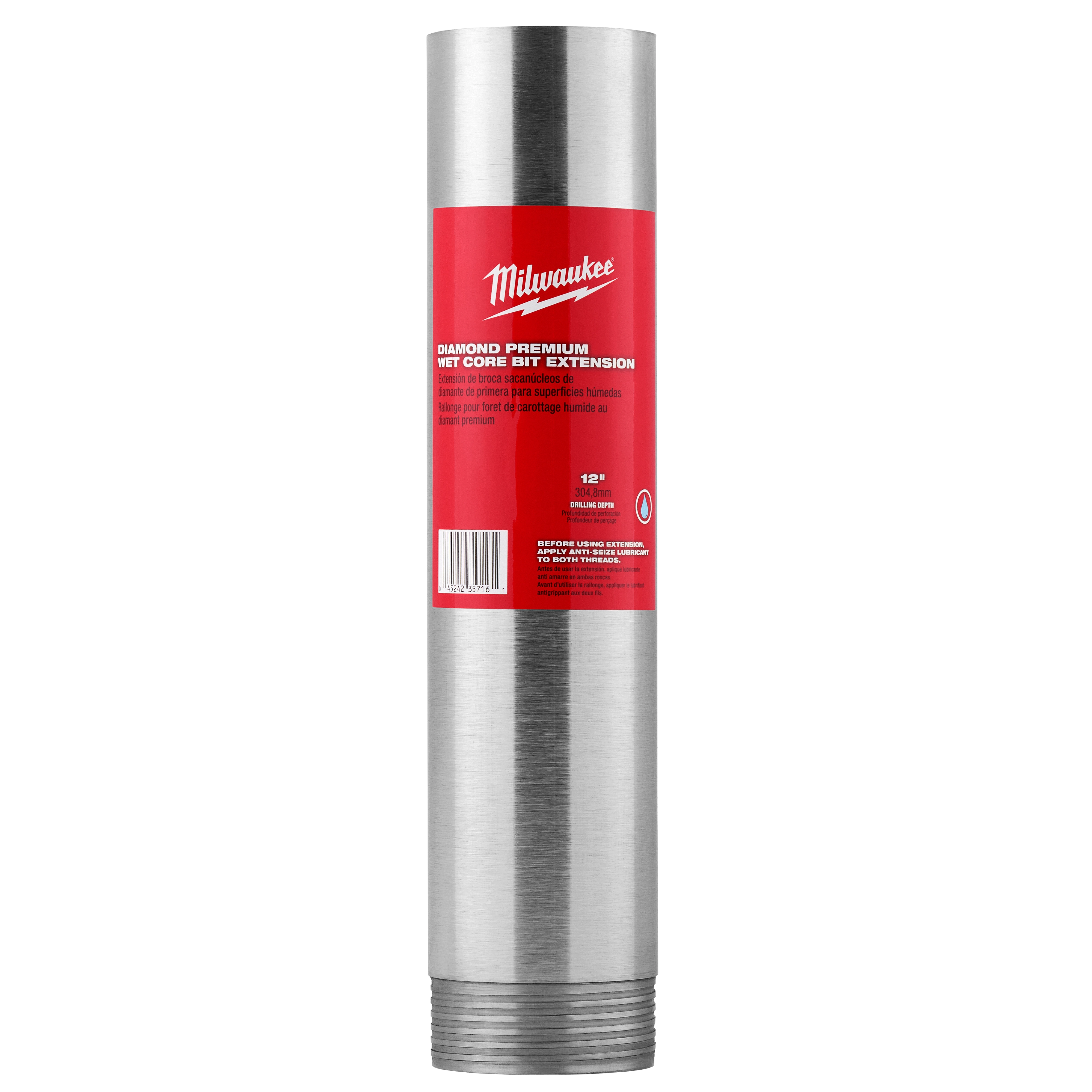 Milwaukee Diamond Premium Wet Core Bit Extension, 12 inches long with a metallic finish, and a red label displaying product information.