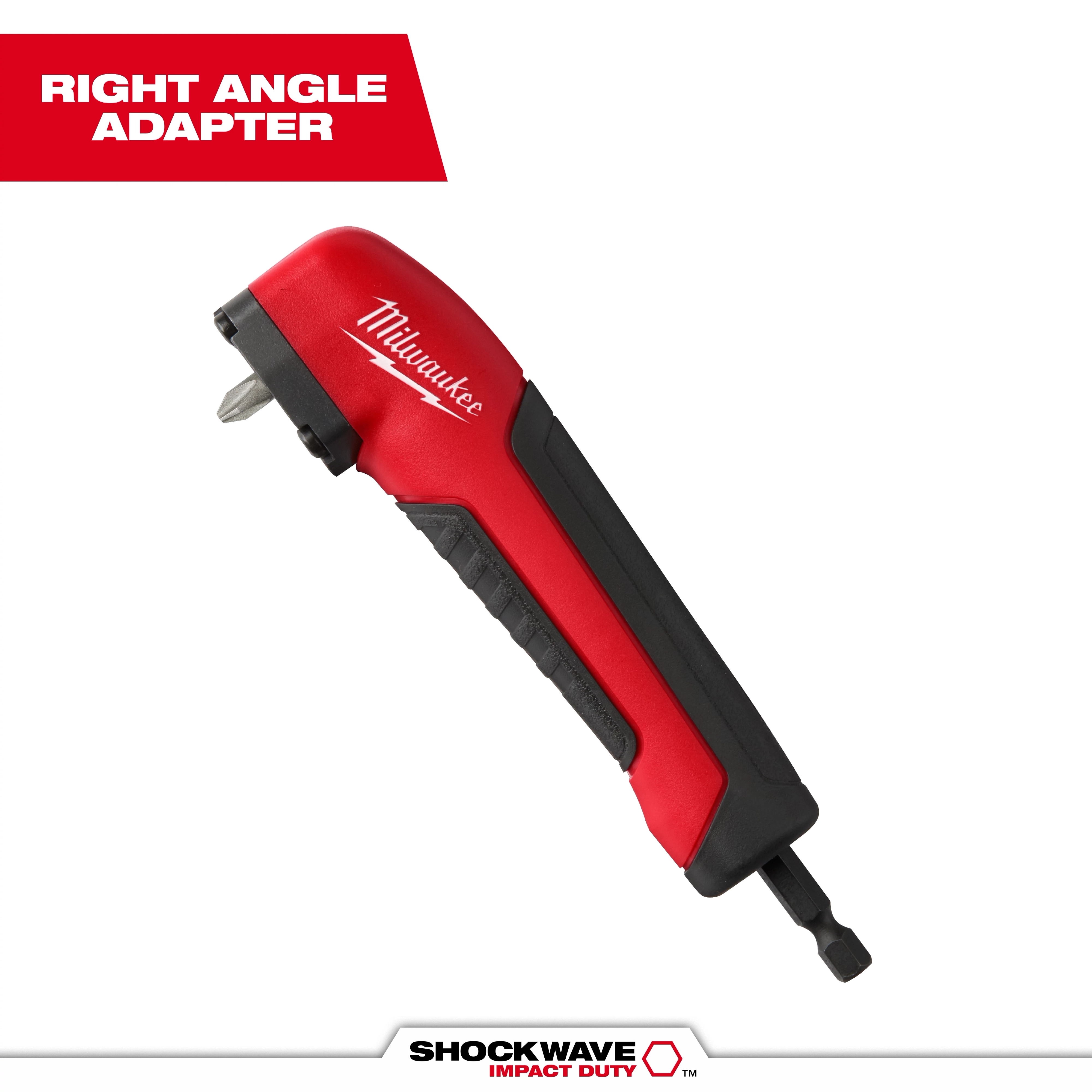The SHOCKWAVE™ Impact Right Angle Adapter shown is a red and black handheld tool by Milwaukee, designed to improve accessibility in tight spaces. The image features the tool at an angle with its brand name visible. Text at the top reads "Right Angle Adapter" in bold white letters.