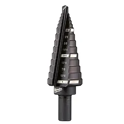 The %238%20 Step Drill Bit features a tiered design with eight increments from 1/8 inch to 1 inch, labelled on its surface. The bit's body is dark metal and is attached to a cylindrical shank. The manufacturer's name is displayed near the base.