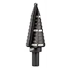 The %238%20 Step Drill Bit features a tiered design with eight increments from 1/8 inch to 1 inch, labelled on its surface. The bit's body is dark metal and is attached to a cylindrical shank. The manufacturer's name is displayed near the base.