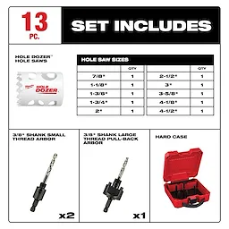 13PC HOLE DOZER Electrician's Hole Saw Kit includes various saw sizes, small and large shank arbors, and a hard case.