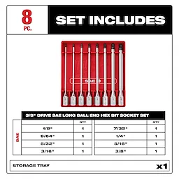 8pc 3/8” Drive Long Ball End Hex Bit Socket Set - SAE. Includes sizes from 1/8” to 3/8” with a red storage tray.