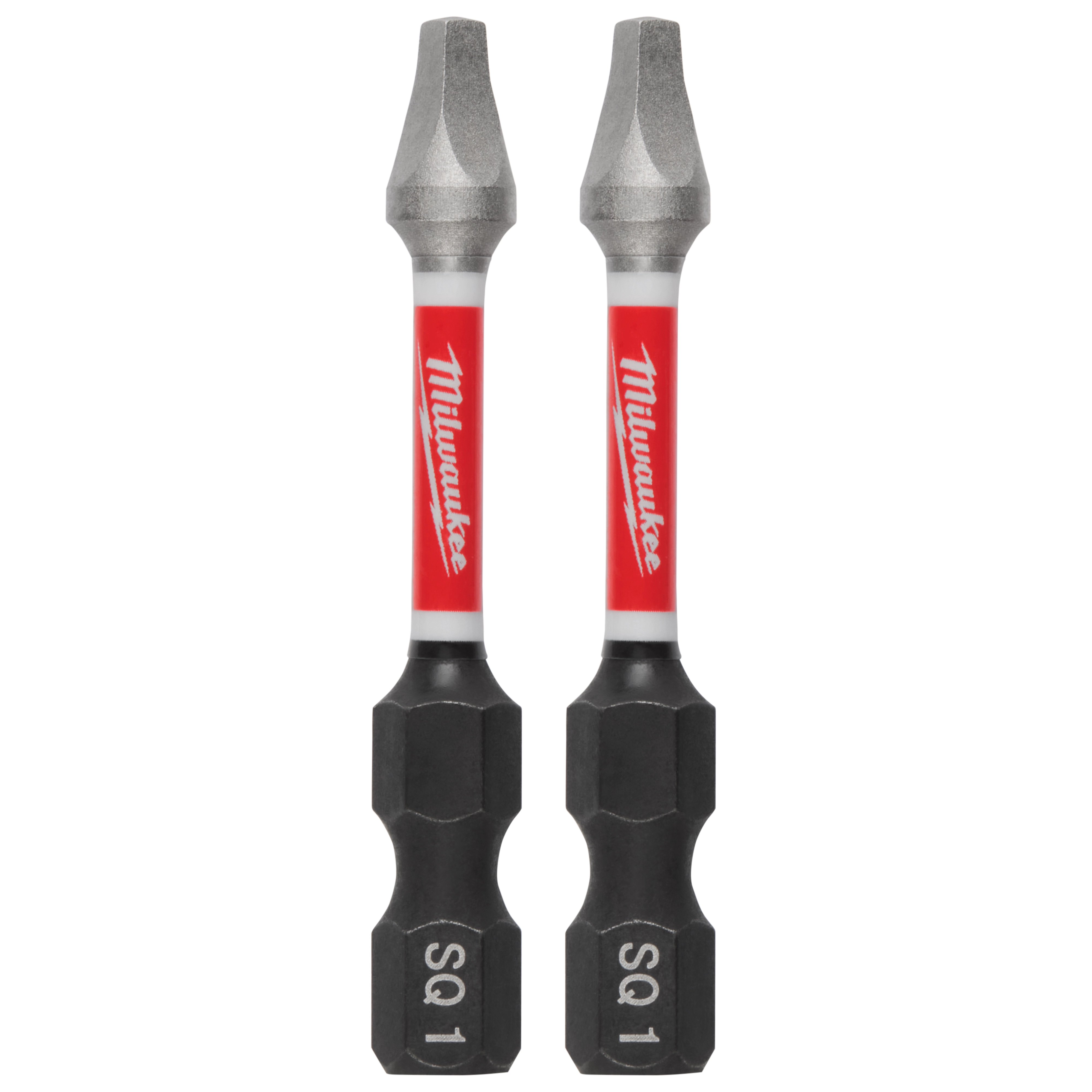 The image shows two Milwaukee brand SQ1 screwdriver bits. Each bit has a red and white label with "Milwaukee" written on it and is gray on both ends. The bits have black hexagonal bases labeled "SQ 1".