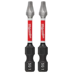The image shows two Milwaukee brand SQ1 screwdriver bits. Each bit has a red and white label with "Milwaukee" written on it and is gray on both ends. The bits have black hexagonal bases labeled "SQ 1".