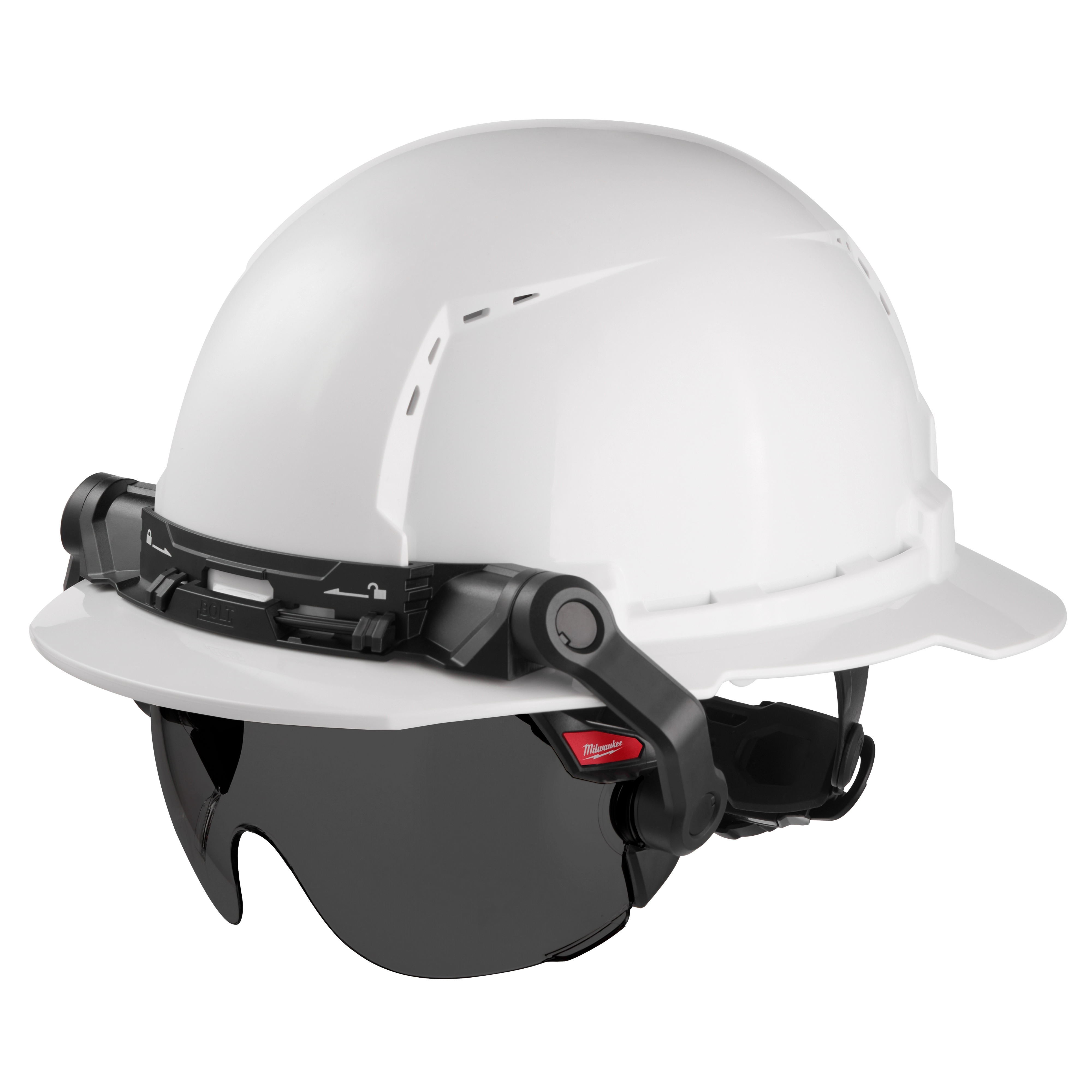 BOLT Eye Visor Tinted Dual Coat Lens attached to a Milwaukee Safety Helmet
