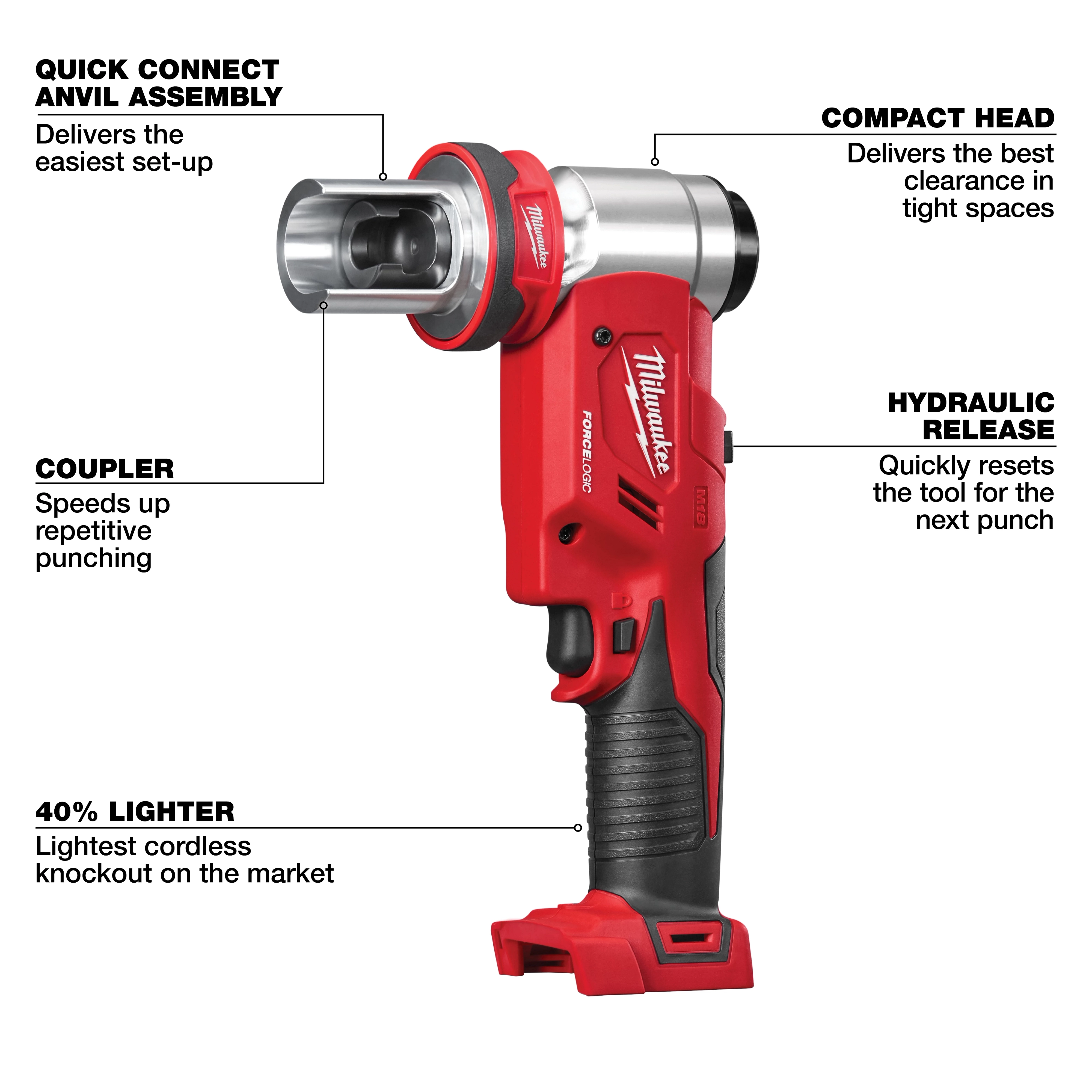 The M18™ FORCE LOGIC™ 6T Knockout Tool is a red and black cordless device designed for punching holes. It features quick connect anvil assembly, a compact head, hydraulic release, and a coupler for repetitive punching. This tool is 40% lighter than comparable cordless knockout tools on the market.