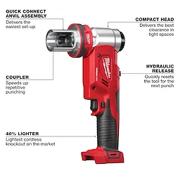 The M18™ FORCE LOGIC™ 6T Knockout Tool is a red and black cordless device designed for punching holes. It features quick connect anvil assembly, a compact head, hydraulic release, and a coupler for repetitive punching. This tool is 40% lighter than comparable cordless knockout tools on the market.