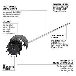 M18 FUEL QUIK-LOK Rubber Broom Attachment with long shaft, guard, and drum with rubber paddles.