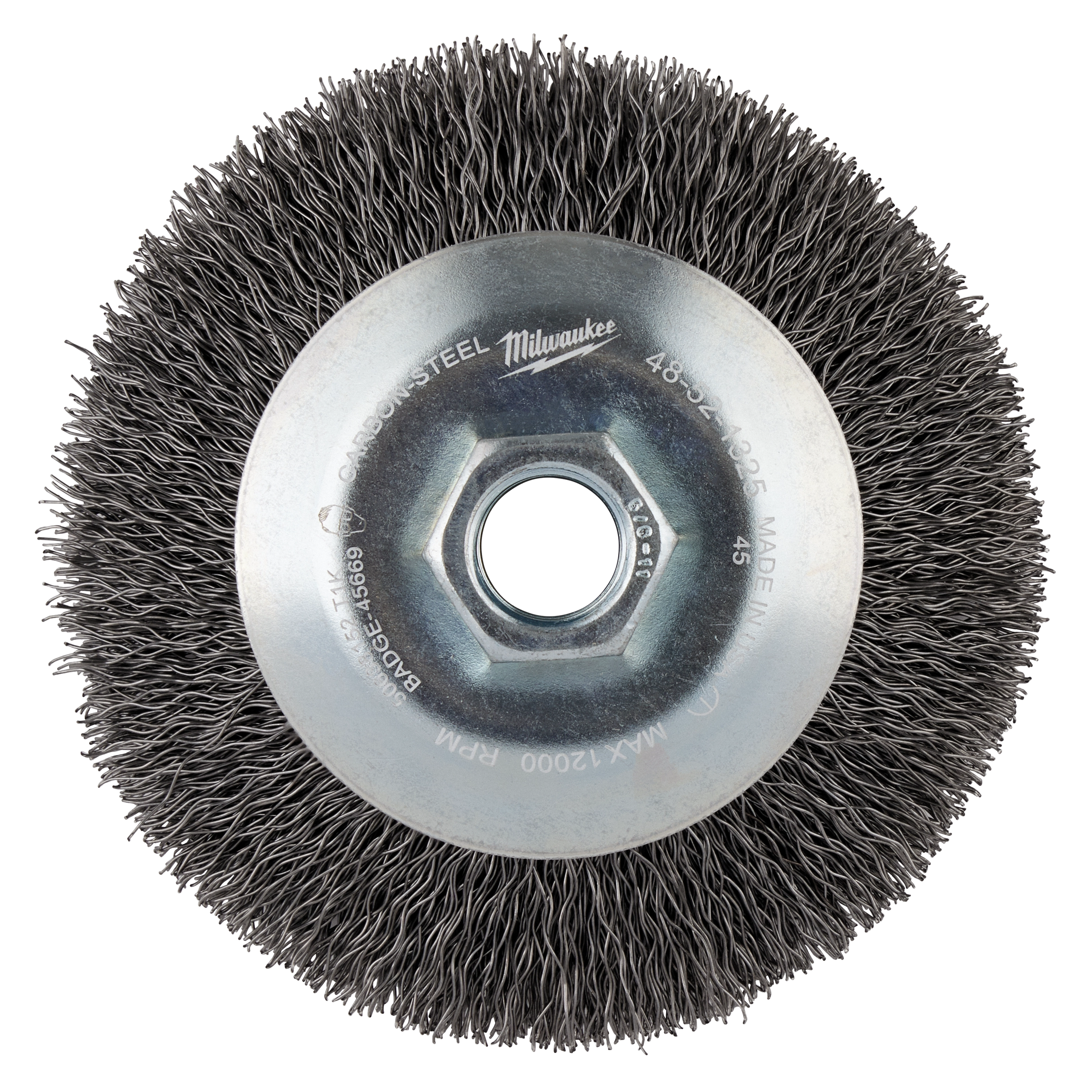 4" Bevel Crimped Brush made of carbon steel with a hexagonal center hole, used for cleaning and deburring.
