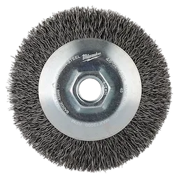 4" Bevel Crimped Brush made of carbon steel with a hexagonal center hole, used for cleaning and deburring.