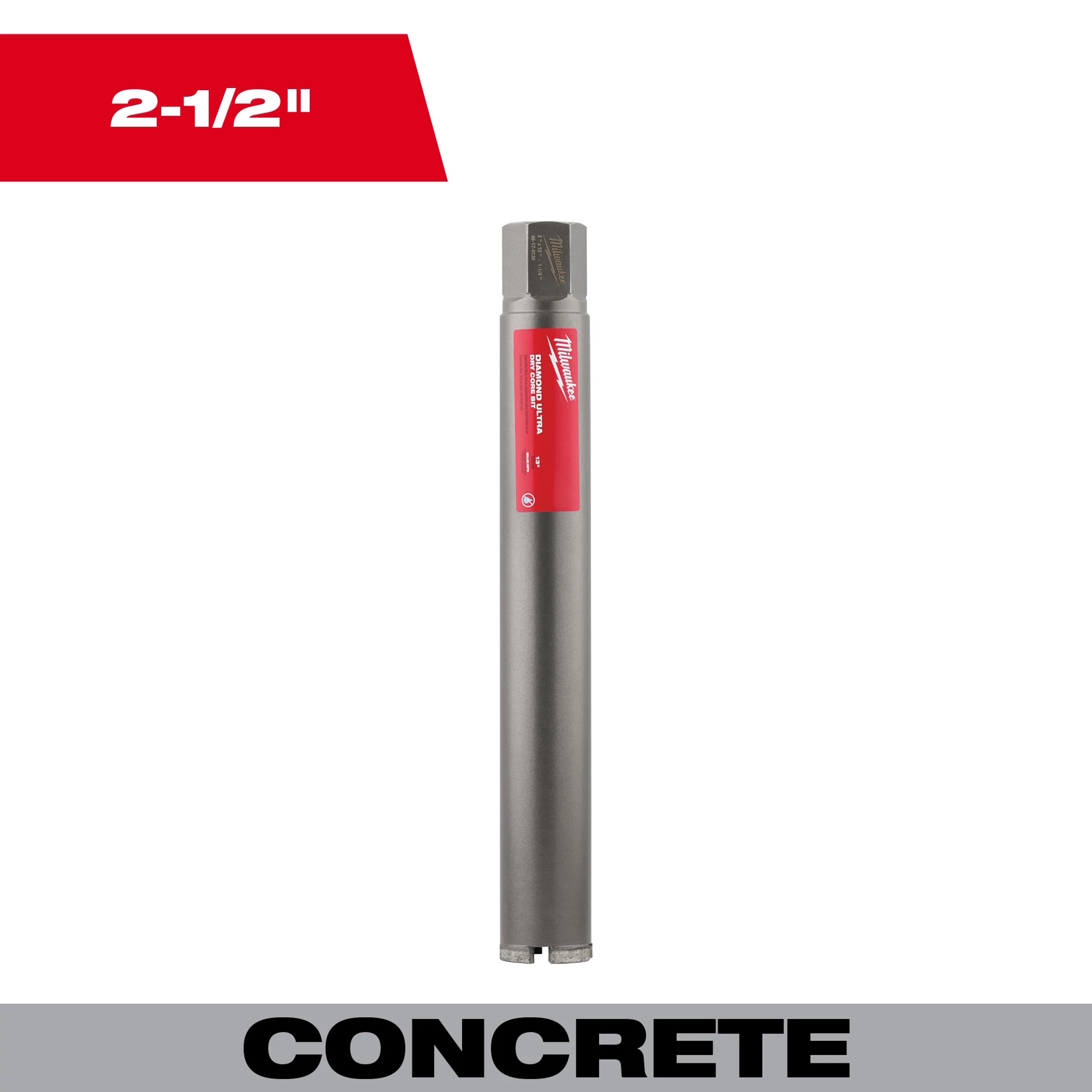 2-1/2" Diamond Ultra Dry Core Bit designed for drilling into concrete. The long, cylindrical bit is shown with a red label.