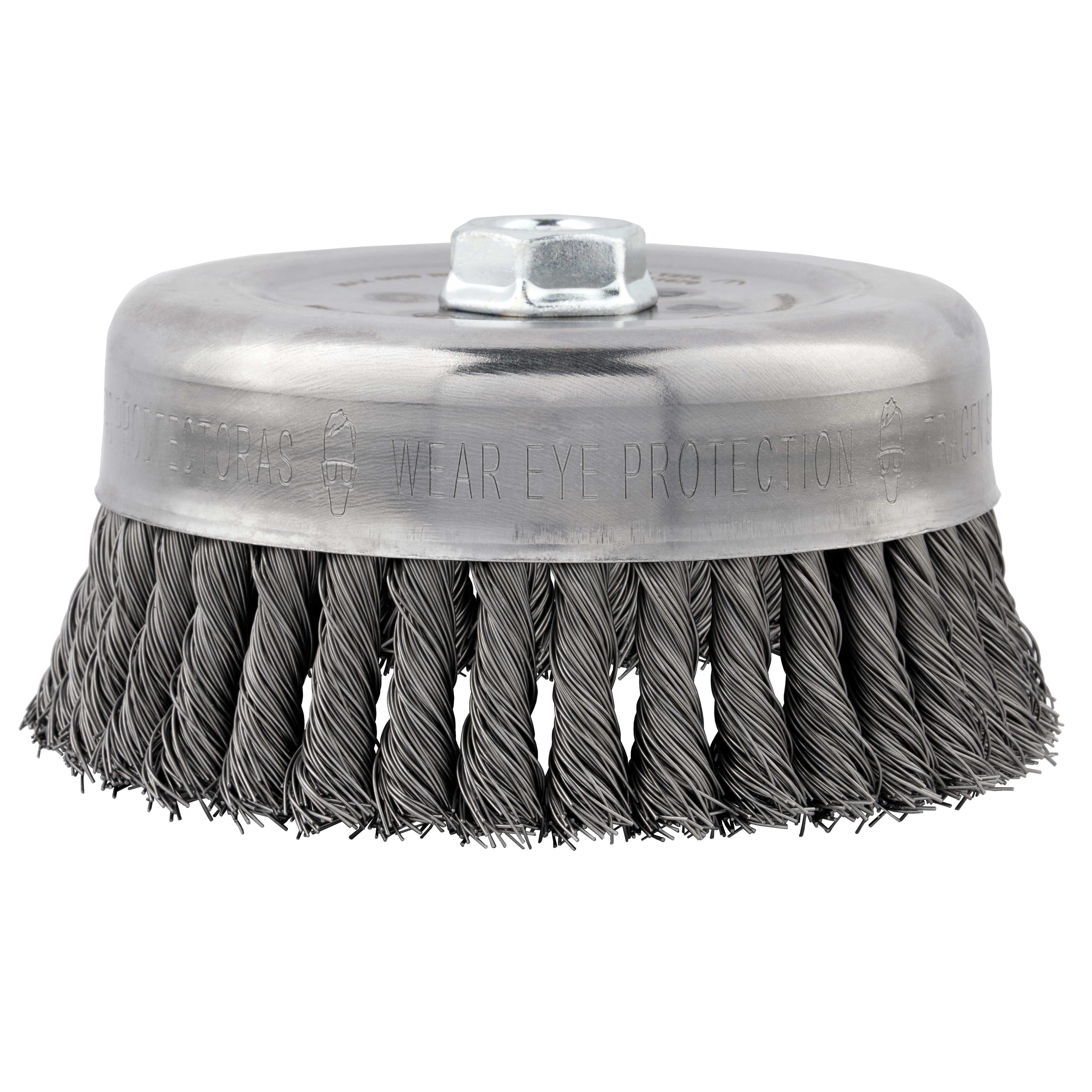 6" Knot Wire Cup Brush with carbon steel bristles and a metal top labeled "Wear Eye Protection."
