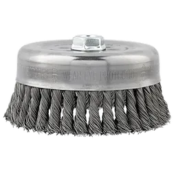 6" Knot Wire Cup Brush with carbon steel bristles and a metal top labeled "Wear Eye Protection."