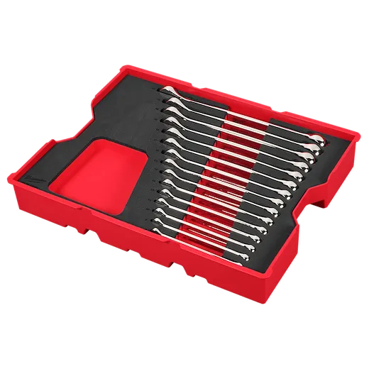 A 15PC Metric Combination Wrench Set with Tray for PACKOUT™ Drawers. The set includes 15 wrenches neatly organized in a black and red tray, designed to fit securely in PACKOUT™ drawers.