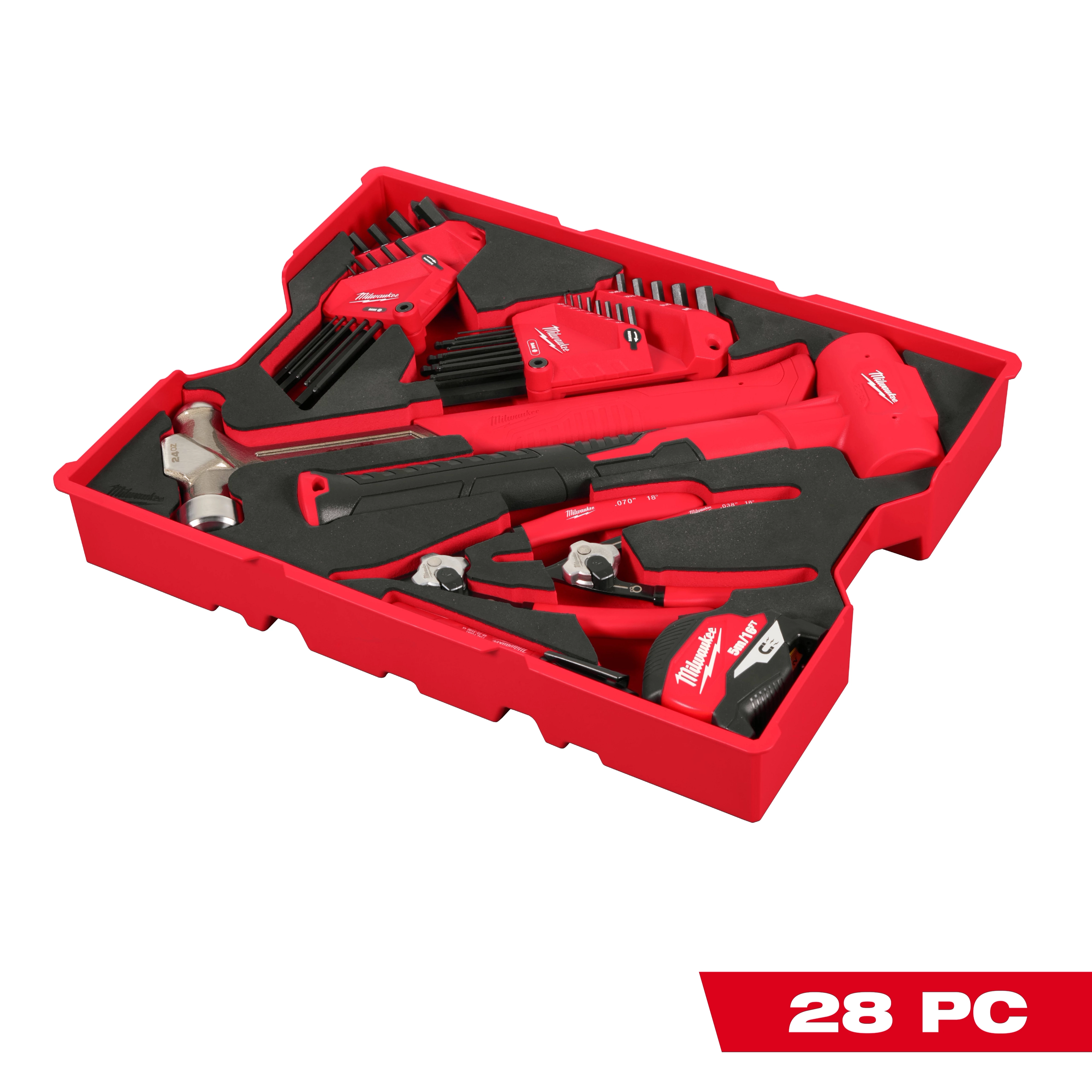 The 9pc Pliers & Wrench Set for PACKOUT Drawers is displayed in a red tray, containing various pliers, a wrench, and a measuring tape. The set is designed for efficient organization in PACKOUT drawers and includes 28 pieces in total.
