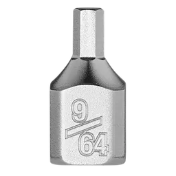 A 9/64 inch low-profile hex bit socket with a 1/4 inch drive. The hex bit is made of polished metal, and "9/64" is etched on the side.