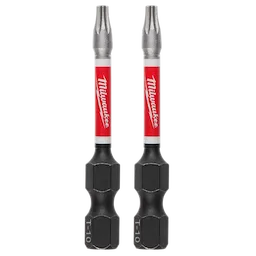 The image shows two SHOCKWAVE™ Impact Duty 2" T10 Bits (2 Pk) by Milwaukee. The bits are black with a red and white label, and they feature a torx head and reinforced middle section for durability.