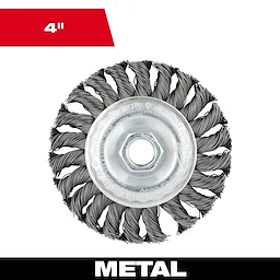 4" Full Cable Twist Knot Wheel - Carbon Steel for metal, featuring stiff twisted bristles for heavy-duty cleaning and surface preparation.