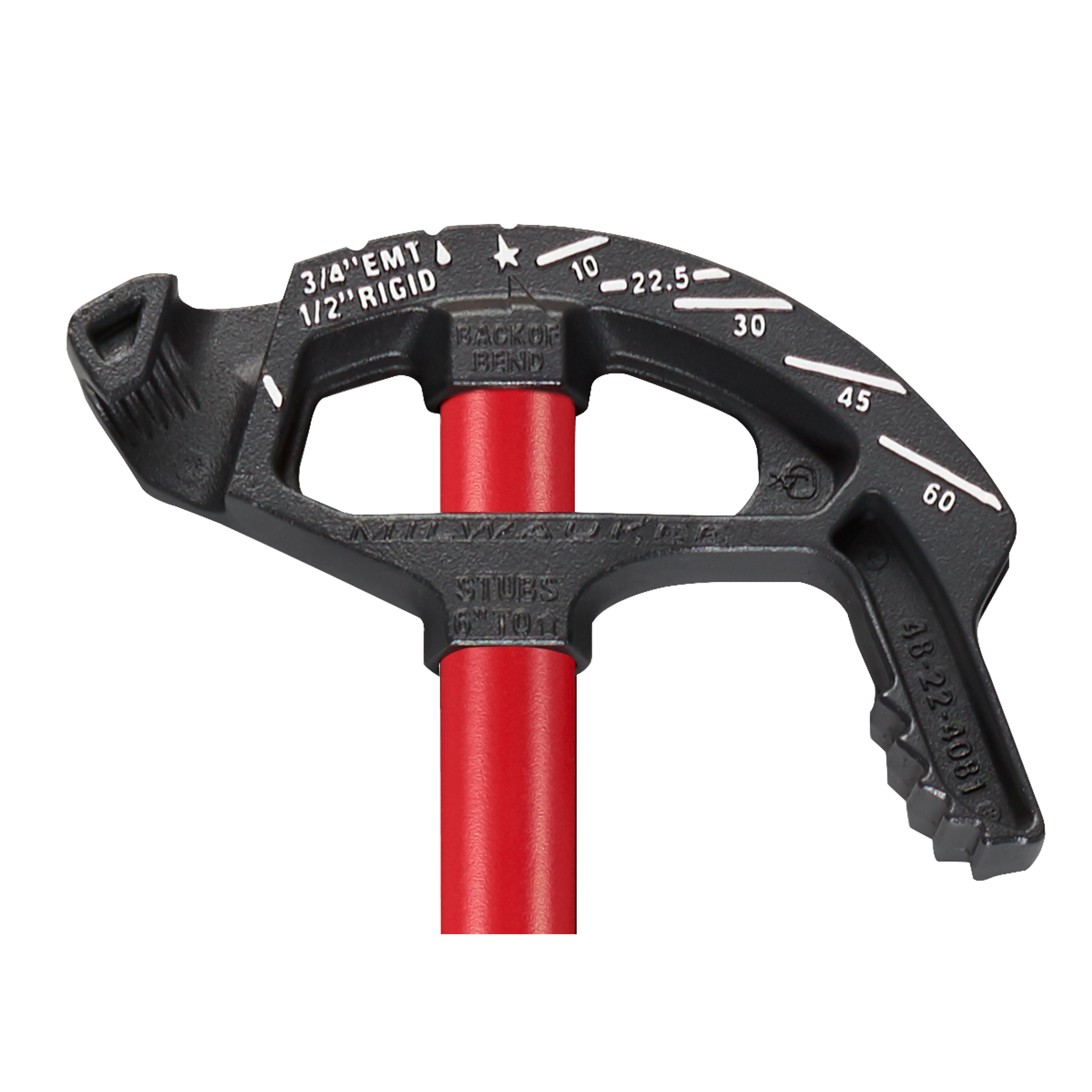 3/4" EMT Iron Conduit Bender with a red handle, marked with angle degrees and "3/4" EMT 1/2" Rigid" on the metal head.