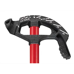 3/4" EMT Iron Conduit Bender with a red handle, marked with angle degrees and "3/4" EMT 1/2" Rigid" on the metal head.