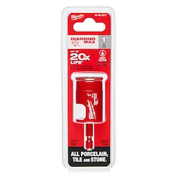 Milwaukee 1" Diamond Max Hole Saw in red and white packaging, suitable for cutting porcelain, tile, and stone, with up to 20x life.