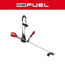 M18 FUEL Brush Cutter in red and black with a harness, featuring a metal shaft and ergonomic handle beneath the M18 FUEL logo.