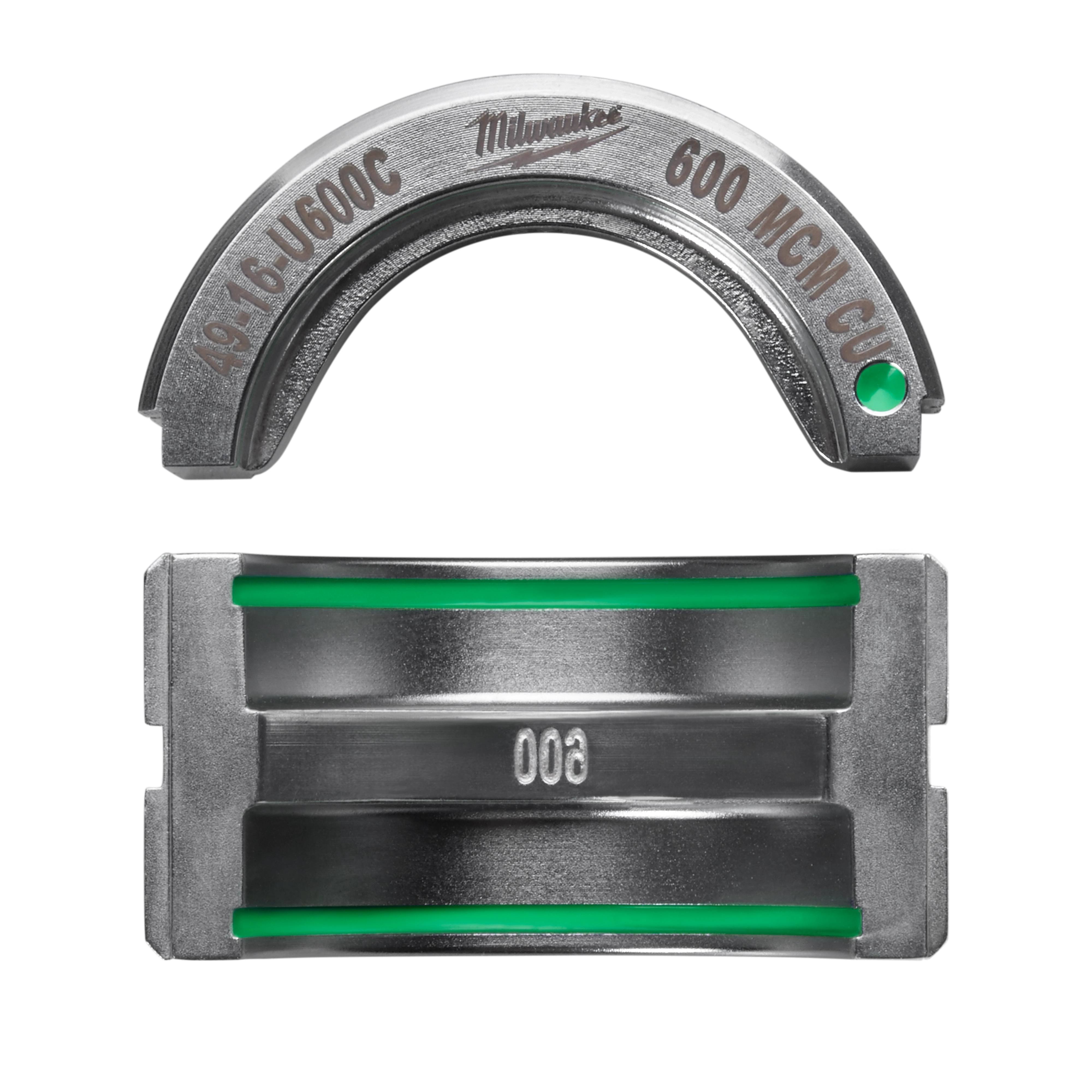 The image displays the 600 MCM Copper U Style Die, consisting of two metal components with green accents. The top piece is semi-circular, and the bottom piece is rectangular with a groove and the number "003" engraved.