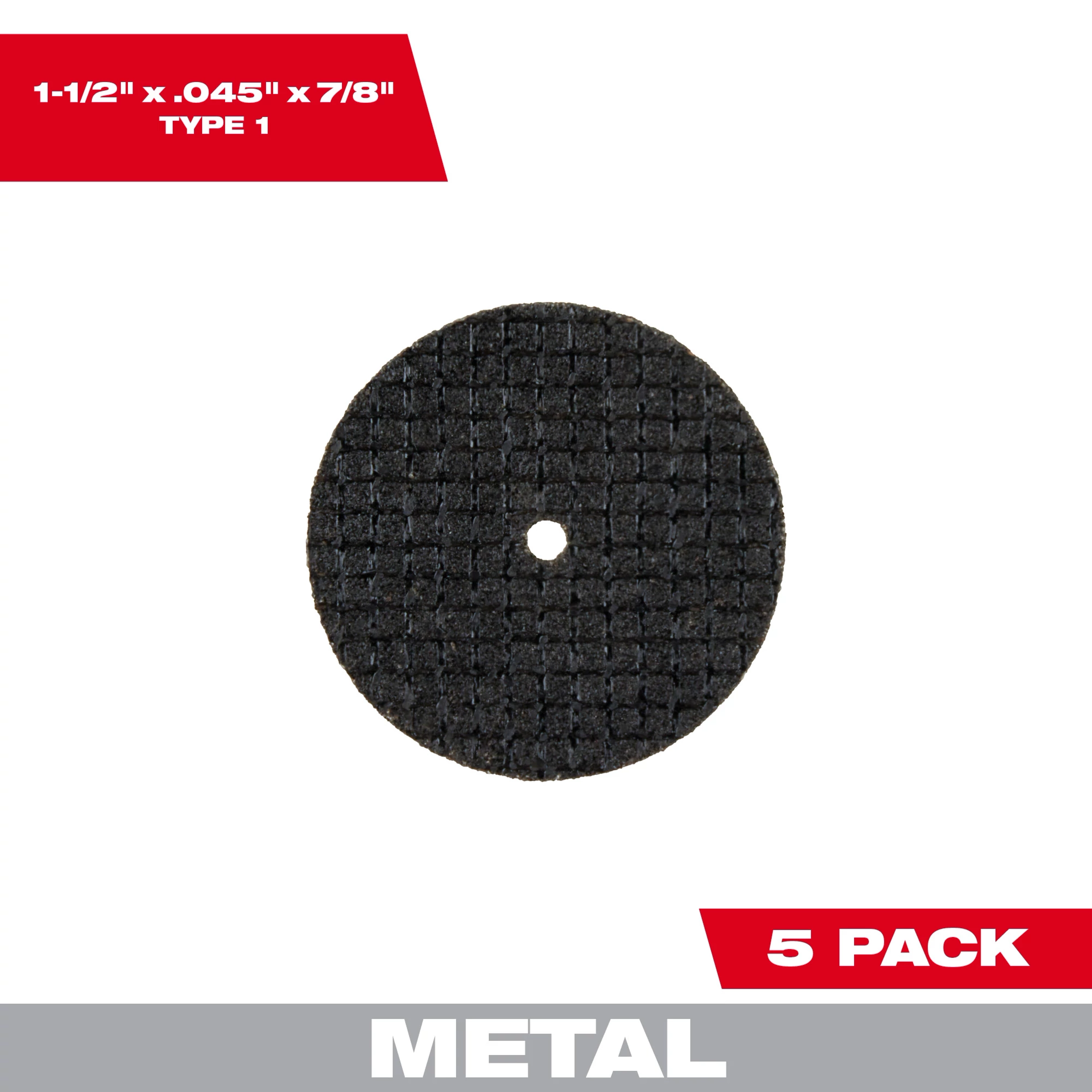 1-1/2" Reinforced Cut-Off Wheel for metal cutting. The black, round wheel measures .045" in thickness and has a 7/8" arbor hole. 5 pack.