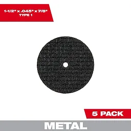 1-1/2" Reinforced Cut-Off Wheel for metal cutting. The black, round wheel measures .045" in thickness and has a 7/8" arbor hole. 5 pack.