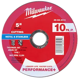 Red 5-inch Performance+ Metal Cut Off Wheel, Type 1, with a thickness of 0.045 inches, arbor size of 7/8 inches, 12500 max RPM, 10-pack.
