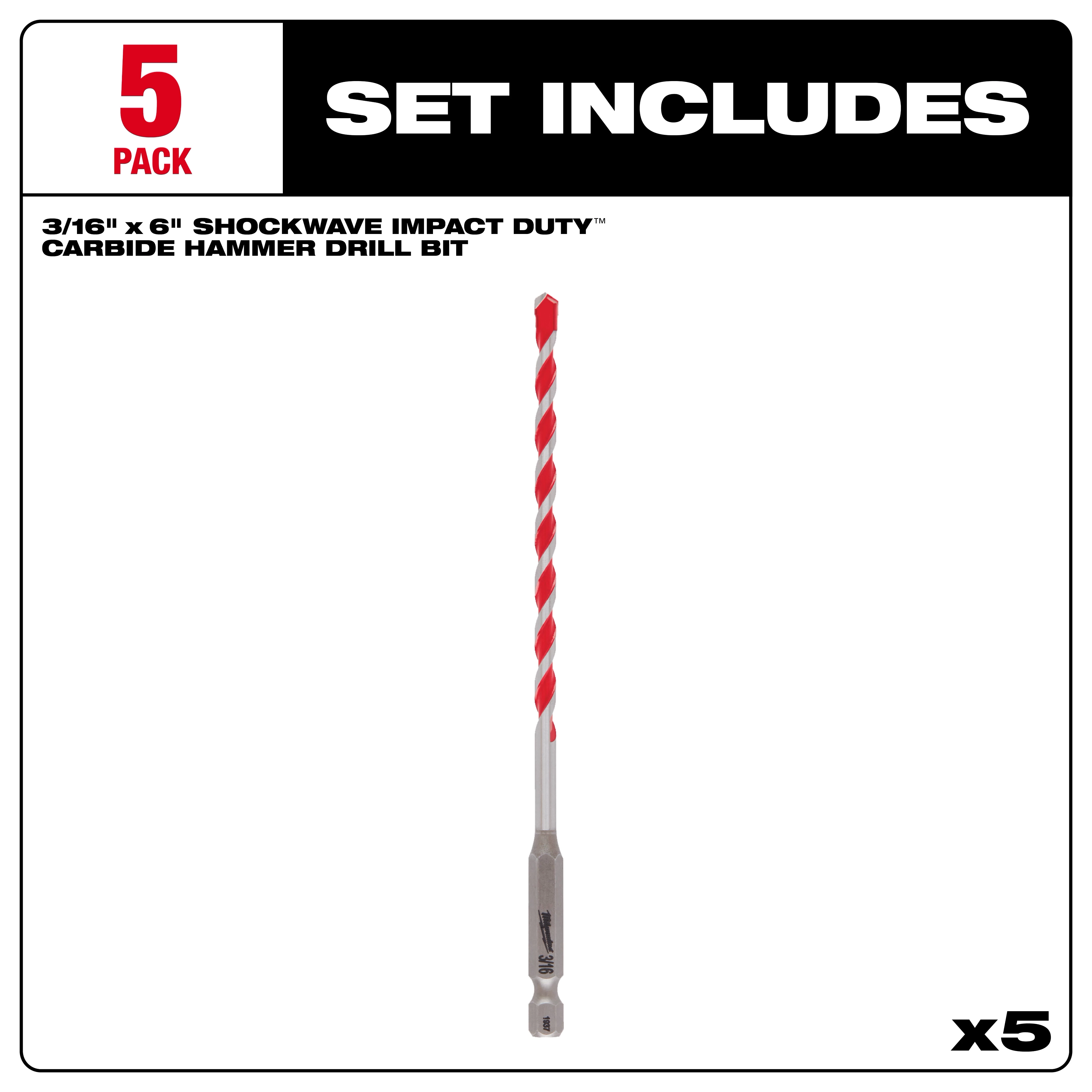 5-pack of 3/16" x 6" Shockwave Impact Duty carbide hammer drill bits. Product name: HAMRDRILL%203%2F16%22%20X%204%22%20X%206%22%205PK.