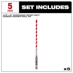 5-pack of 3/16" x 6" Shockwave Impact Duty carbide hammer drill bits. Product name: HAMRDRILL%203%2F16%22%20X%204%22%20X%206%22%205PK.