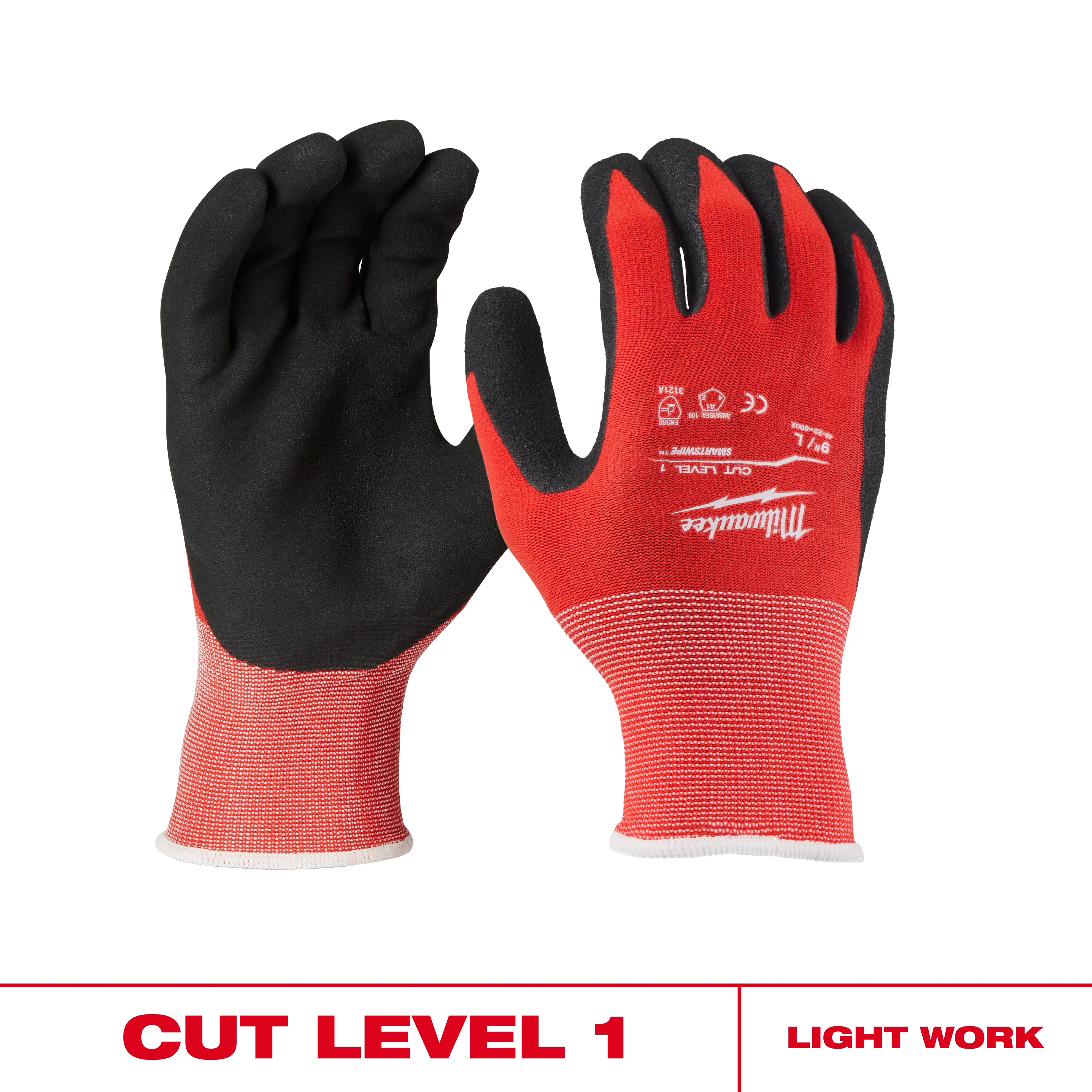 Cut Level 1 Nitrile Dipped Gloves displayed upright with black palms and red knit backs on a white background.