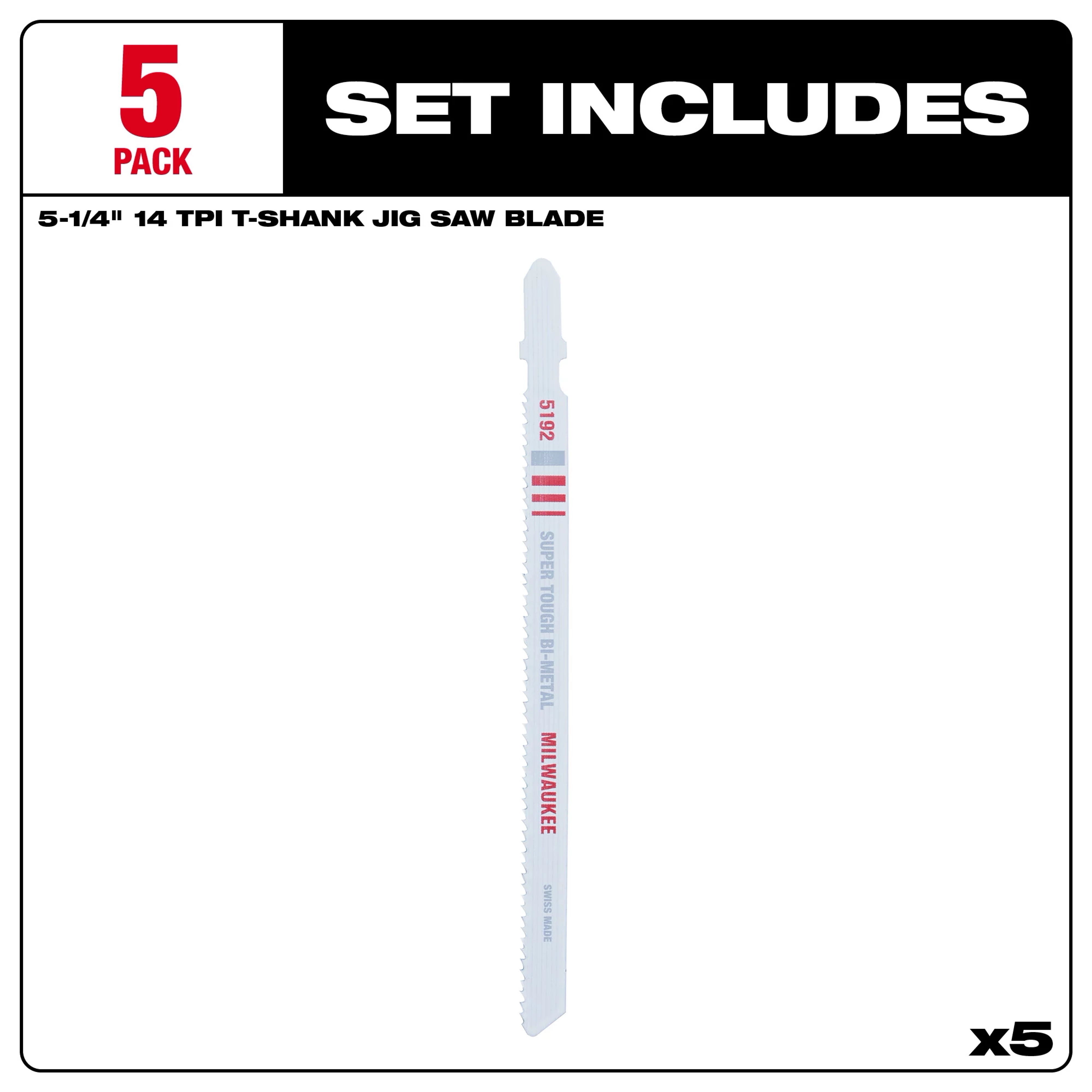 5-Pack of 5-1/4" 14TPI T-Shank Metal Cutting Bi-Metal Jig Saw Blades. Includes five saw blades made of durable bi-metal for precise metal cutting.
