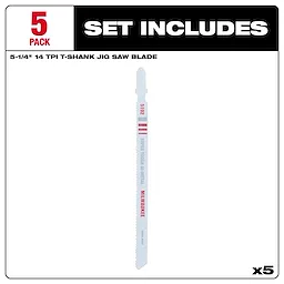 5-Pack of 5-1/4" 14TPI T-Shank Metal Cutting Bi-Metal Jig Saw Blades. Includes five saw blades made of durable bi-metal for precise metal cutting.