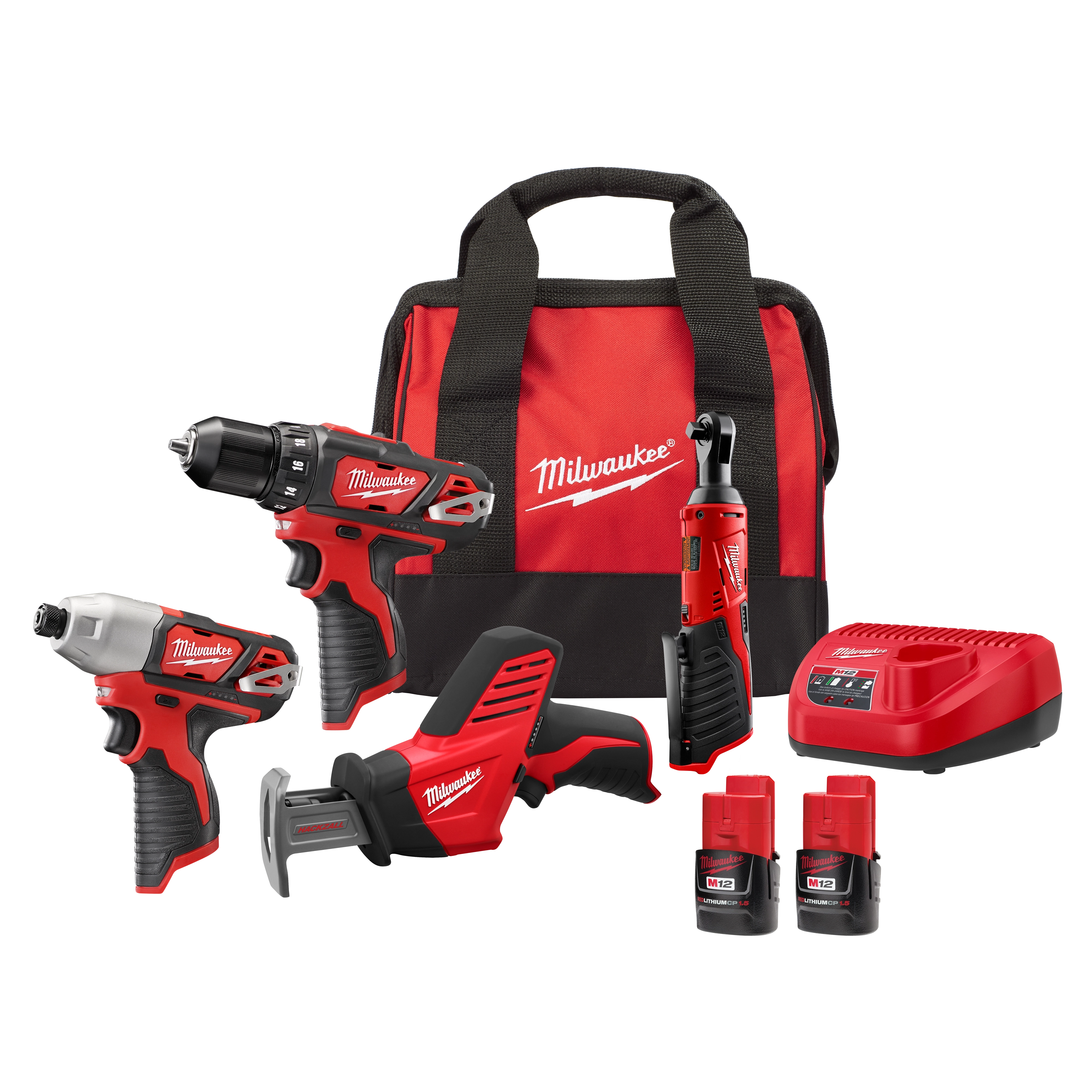 The image features the Milwaukee M12™ 4-TOOL KIT, including a drill, impact driver, reciprocating saw, and ratchet. Accessories include two batteries, a charger, and a red and black carrying bag with the Milwaukee logo.