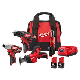 The image features the Milwaukee M12™ 4-TOOL KIT, including a drill, impact driver, reciprocating saw, and ratchet. Accessories include two batteries, a charger, and a red and black carrying bag with the Milwaukee logo.
