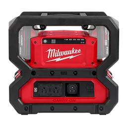Front view of the M18 CARRY-ON 3600W/1800W Power Supply, showing two power outlets, USB port, LED indicators, and Milwaukee logo.