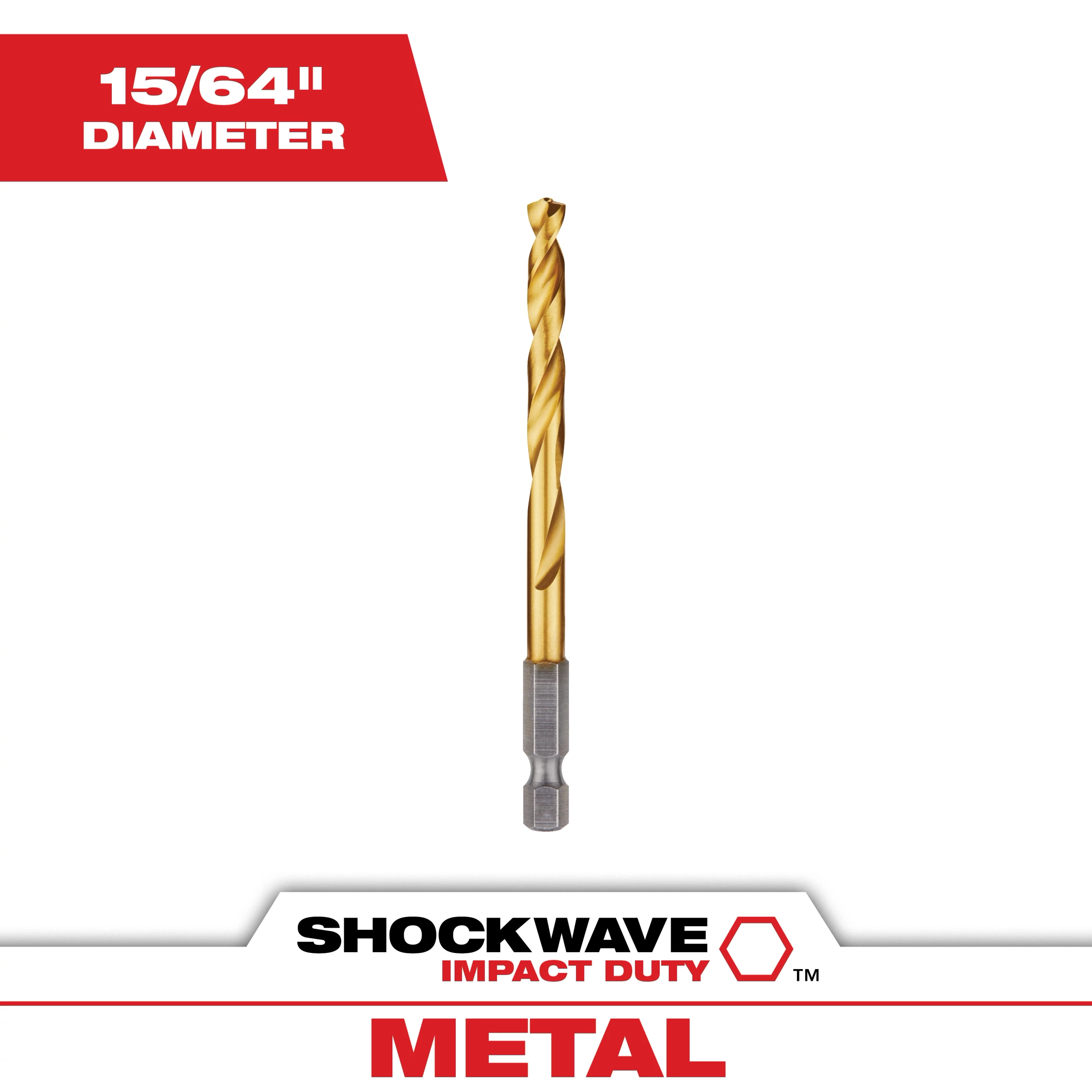 The Shockwave 15/64 in. Titanium Drill Bit features a gold-colored titanium coating for durability. It is indicated for metal drilling and has an impact duty rating. The packaging highlights its 15/64" diameter and the Shockwave branding.