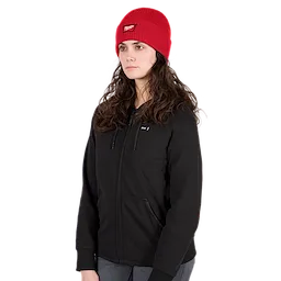 Image of a woman wearing the Milwaukee Rib-Knit Cuffed Beanie in red