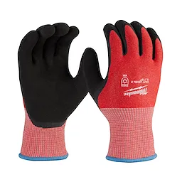 Cut Level 2 Winter Dipped Gloves - L, red with black palms and blue cuffs, provide protection and insulation for cold environments.