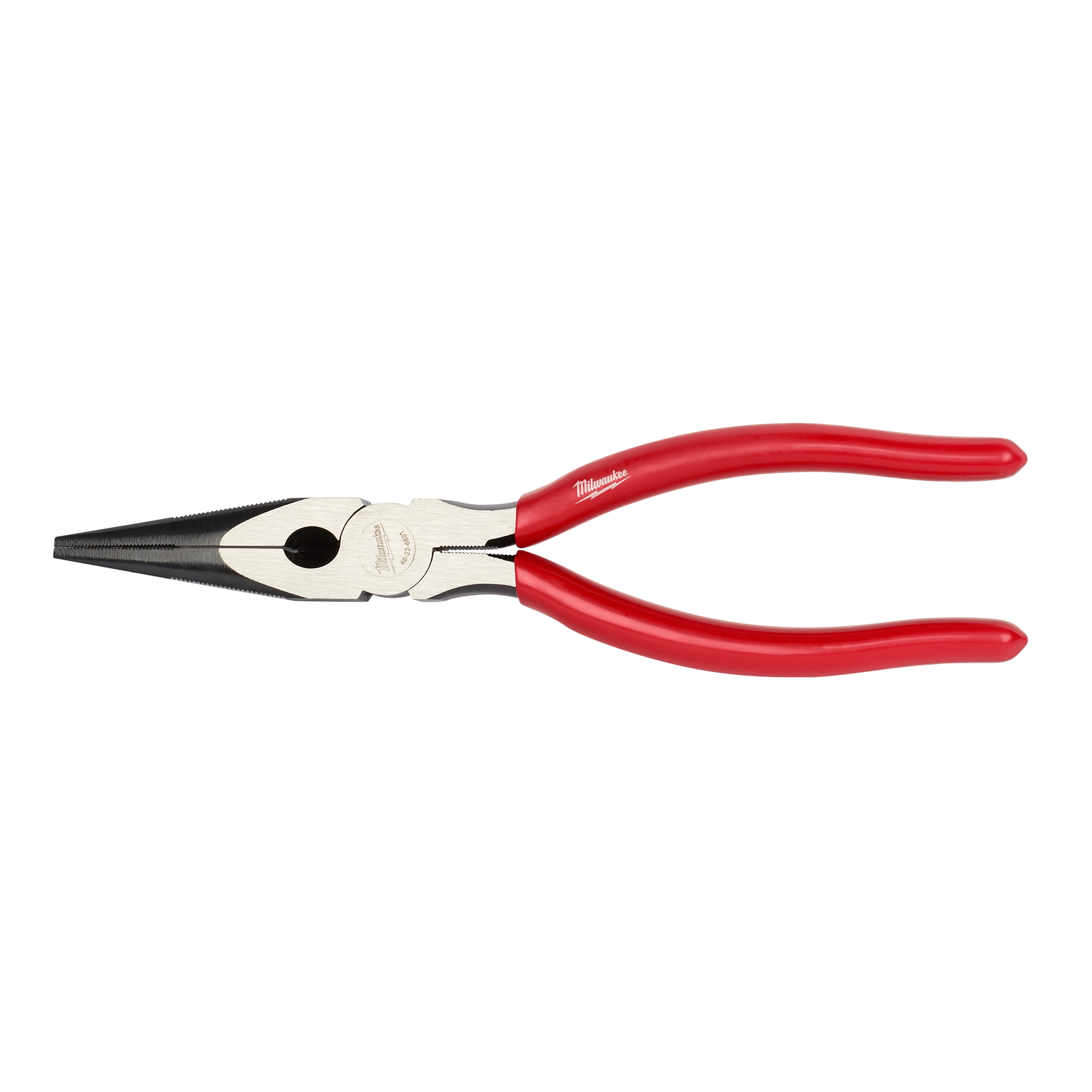 8" Long Nose Pliers with red handles and a metal body. The pliers have a pointed, narrow jaw for precision tasks. The handles are designed for a comfortable grip.